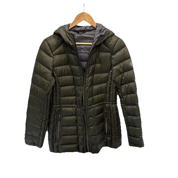 Michael Kors Womens Packable Hooded Down PufferJacket Size M Olive Logo Back Zip - Picture 1 of 16